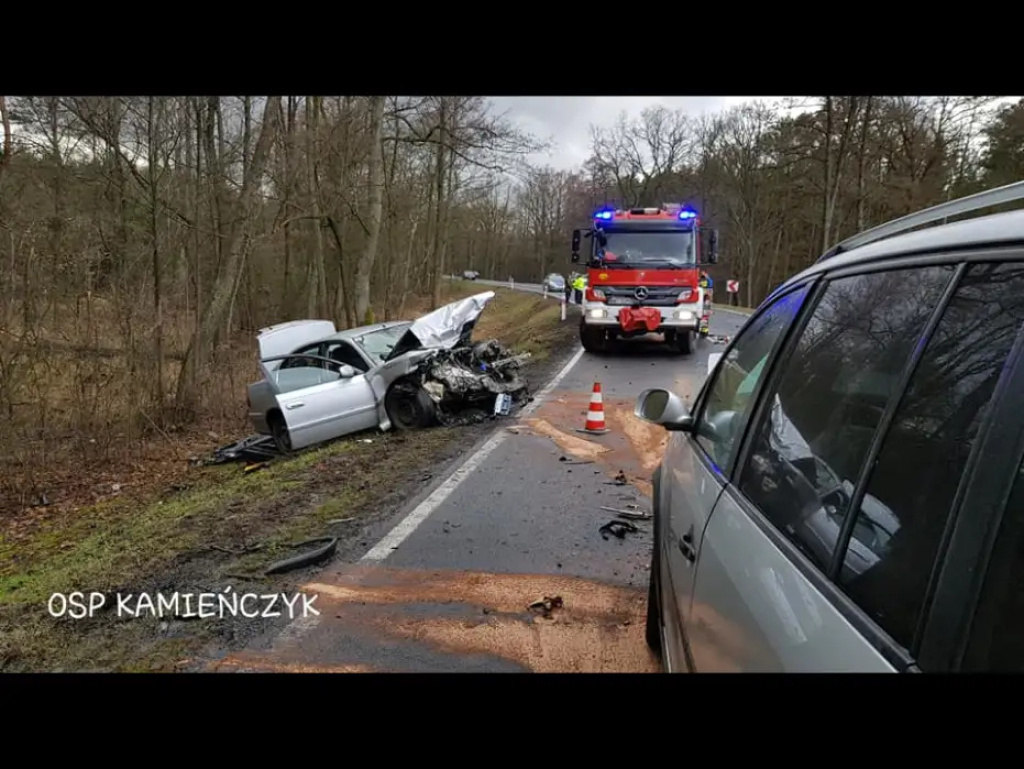 Czołowe zderzenie trzech aut w Skuszewie. Kierowca wpadł w poślizg (aktualizacja)