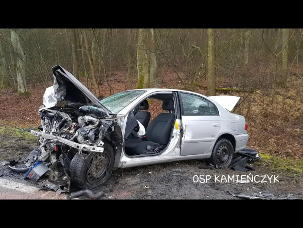 Czołowe zderzenie trzech aut w Skuszewie. Kierowca wpadł w poślizg (aktualizacja)